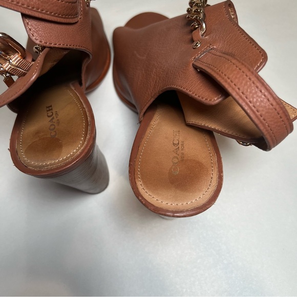 Coach Leanna Sandals Heel Size 9 Camel Brown Open Toe Sling Back Gold Chain - Picture 13 of 15